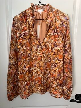 NWT TCEC Floral Button-Front Blouse - Orange Multi